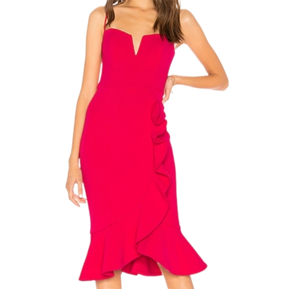 NICHOLAS | Strapless Ruffle Midi Cocktail Dress Watermelon Pink Sz 0 NWT